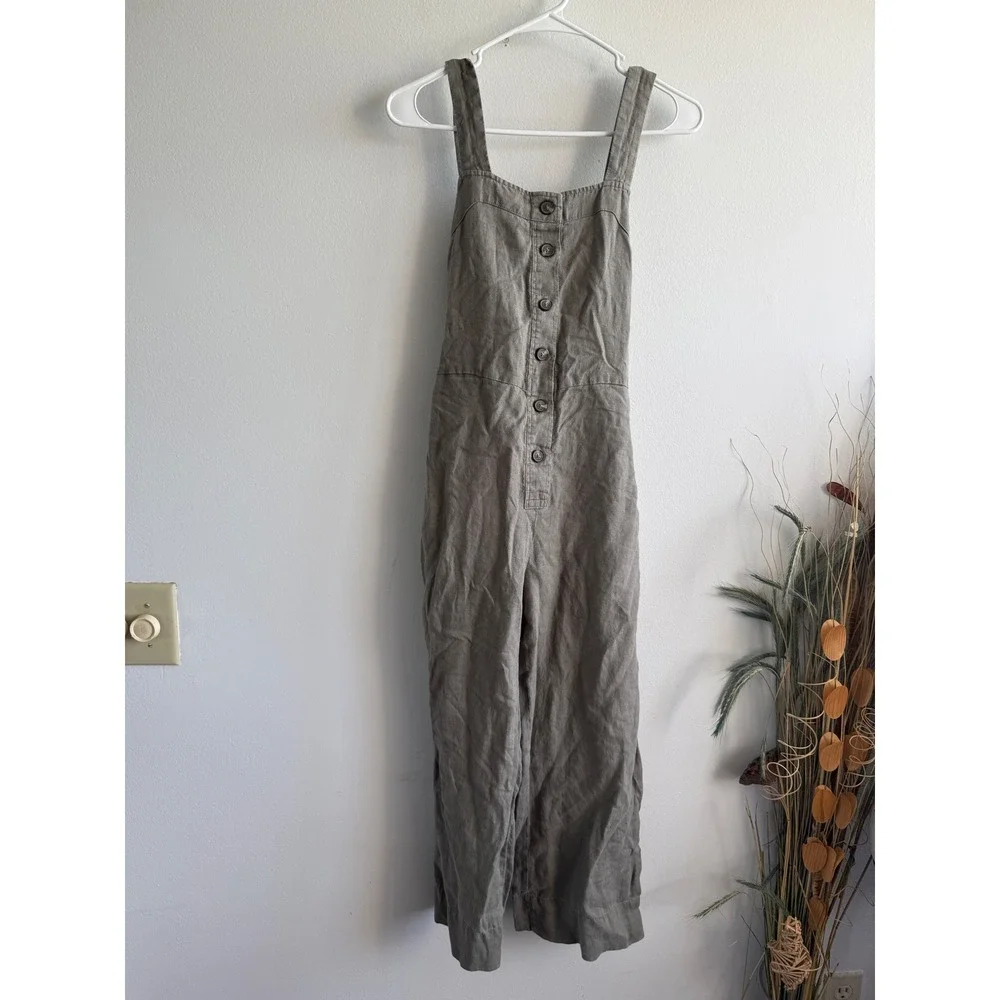 Everlane Women Olive Green Linen Button Front Wide Leg Jumpsuit Size 0 Tie Back